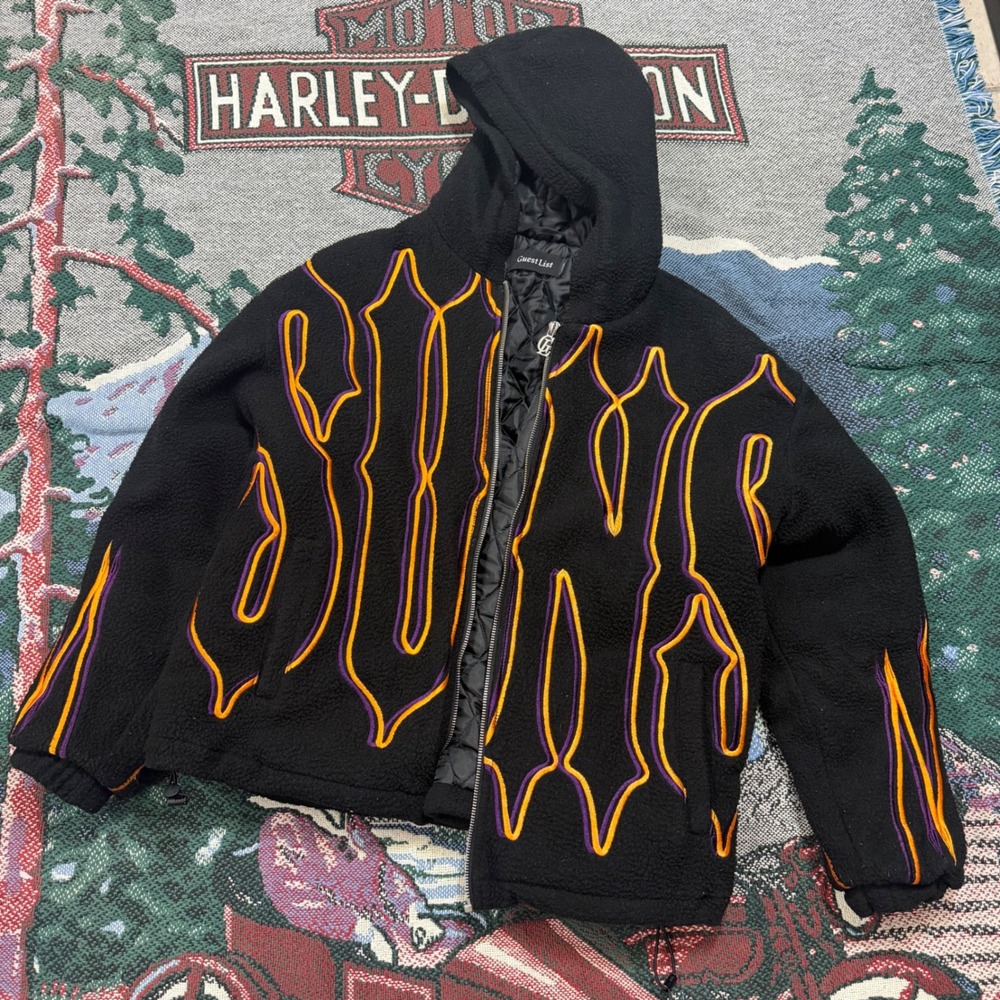 Guest List Suns Sherpa Fleece Jacket Black Purple Streetwear Hooded Zip Up